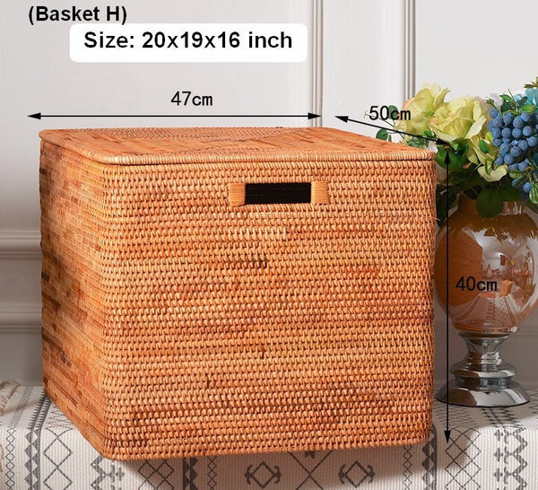 Woven Rectangular Storage Baskets, Rattan Storage Basket with Lid, Storage Baskets for Clothes, Extra Large Storage Baskets for Shelves-HomePaintingDecor