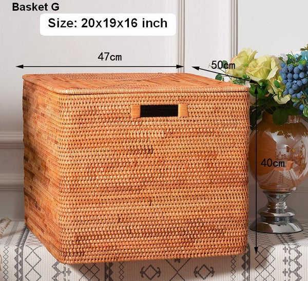 Wicker Rattan Storage Basket for Shelves, Storage Baskets for Bedroom, Rectangular Storage Basket with Lid, Pantry Storage Baskets-HomePaintingDecor