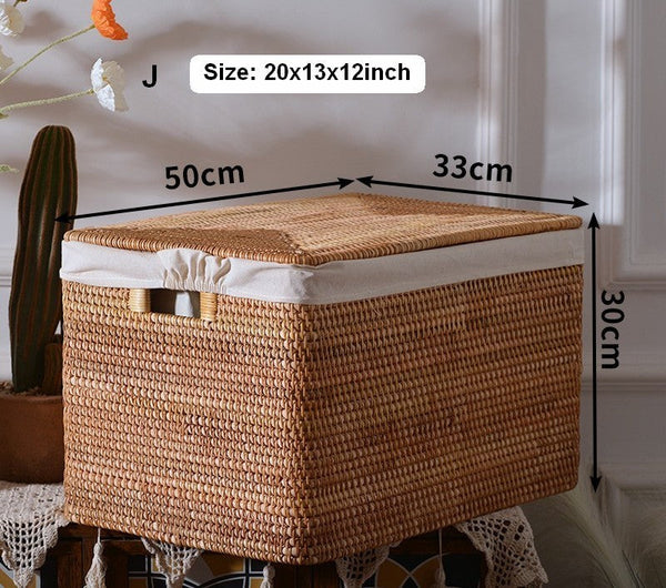 Wicker Rectangular Storage Basket with Lid, Extra Large Storage Baskets for Clothes, Kitchen Storage Baskets, Oversized Storage Baskets for Bedroom-HomePaintingDecor