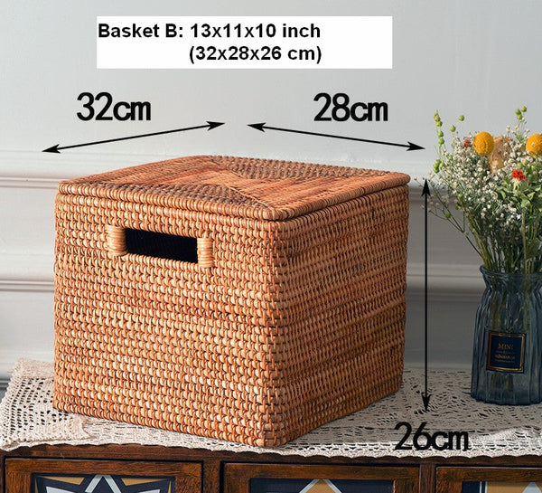 Wicker Rattan Storage Basket for Shelves, Storage Baskets for Bedroom, Rectangular Storage Basket with Lid, Pantry Storage Baskets-HomePaintingDecor