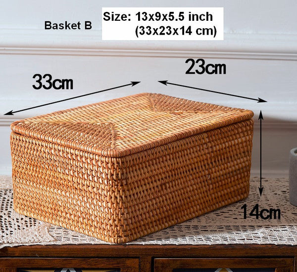 Storage Baskets with Lid, Rectangular Storage Baskets, Storage Baskets for Clothes, Pantry Storage Baskets, Rattan Woven Storage Basket for Bedroom-HomePaintingDecor