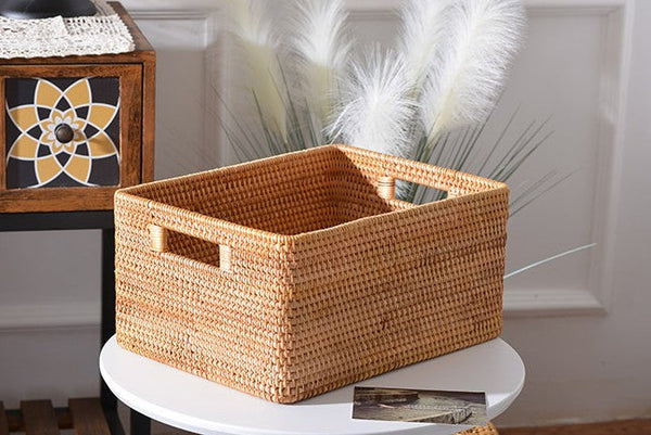 Woven Rattan Storage Baskets for Kitchen, Rectangular Storage Basket, Wicker Storage Basket for Clothes, Storage Baskets for Bathroom, Kitchen Storage Basket-HomePaintingDecor