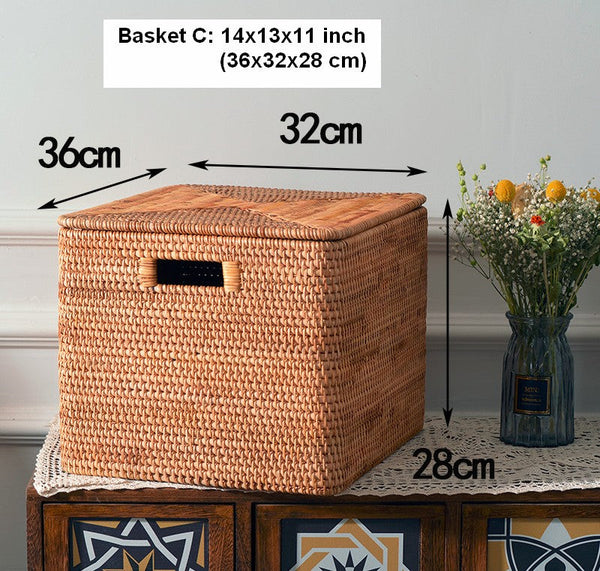 Wicker Rattan Storage Basket for Shelves, Storage Baskets for Bedroom, Rectangular Storage Basket with Lid, Pantry Storage Baskets-HomePaintingDecor