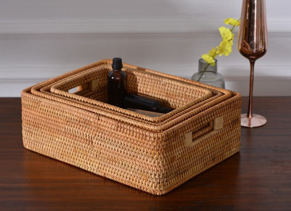 Woven Rectangular Basket with Handle, Rattan Storage Basket for Shelves, Woven Storage Baskets for Bathroom-HomePaintingDecor