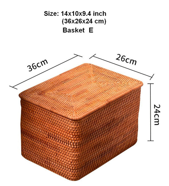 Woven Rattan Baskets, Rectangular Basket with Lid, Rectangular Storage Baskets, Storage Basket for Bedroom, Kitchen Storage Baskets-HomePaintingDecor