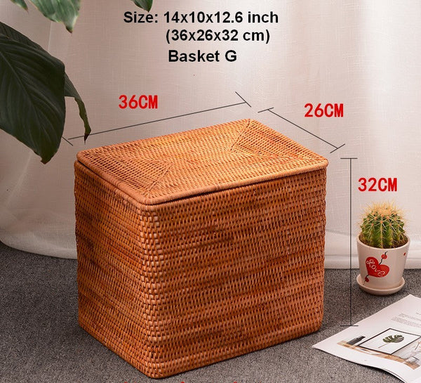 Storage Baskets with Lid, Rectangular Storage Baskets, Storage Baskets for Clothes, Pantry Storage Baskets, Rattan Woven Storage Basket for Bedroom-HomePaintingDecor