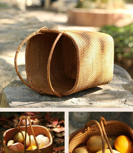Woven Rattan Storage Basket with Handle, Storage Basket for Picnic, Fruit Storage Basket, Kitchen Storage Basekt-HomePaintingDecor