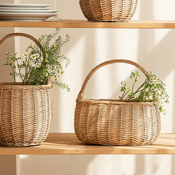 Wicker Storage Basket for Kitchen, Hand-woven Picnic Food Basket with Handle, Willow Weaving Baskets for Vegetable, Natural Fruit Basket, Storage Basket for Shelves-HomePaintingDecor
