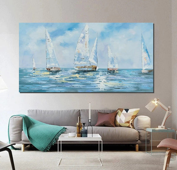 Sail Boat Acrylic Paintings on Canvas, Hand Painted Wall Art Paintings, Contemporary Canvas Artwork, Abstract Wall Art Paintings, Modern Art Paintings for Dining Room-HomePaintingDecor