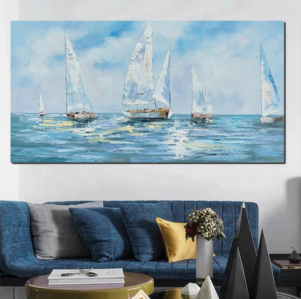 Sail Boat Acrylic Paintings on Canvas, Hand Painted Wall Art Paintings, Contemporary Canvas Artwork, Abstract Wall Art Paintings, Modern Art Paintings for Dining Room-HomePaintingDecor