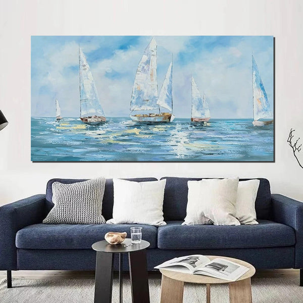 Sail Boat Acrylic Paintings on Canvas, Hand Painted Wall Art Paintings, Contemporary Canvas Artwork, Abstract Wall Art Paintings, Modern Art Paintings for Dining Room-HomePaintingDecor