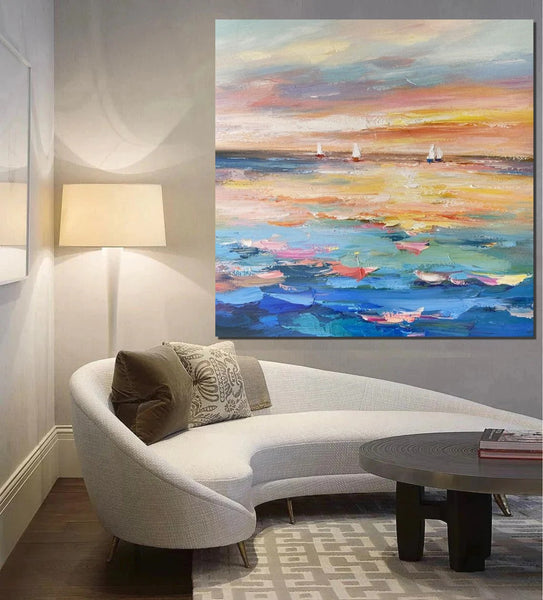 Abstract Landscape Wall Art for Bedroom, Sail Boat at Sea, Contemporary Modern Artwork, Large Modern Canvas Painting, Hand Painted Wall Art Painting-HomePaintingDecor