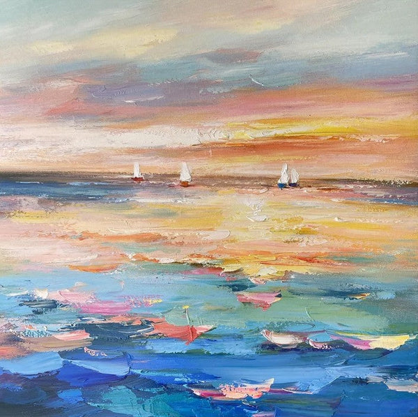 Abstract Landscape Wall Art for Bedroom, Sail Boat at Sea, Contemporary Modern Artwork, Large Modern Canvas Painting, Hand Painted Wall Art Painting-HomePaintingDecor