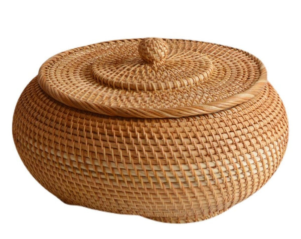Woven Storage Basket for Kitchen, Round Storage Basket, Rattan Baskets, Small Storage Baskets, Handmade Storage Baskets, Round Storage Basket with Lid-HomePaintingDecor