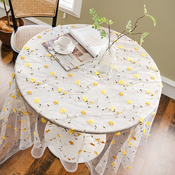 Yellow Flower Lace Tablecloths, Extra Large Rectangular Tablecloth for Oval Table, Lace Embroidered Table Covers, Rectangular Table Covers for Coffee Table-HomePaintingDecor