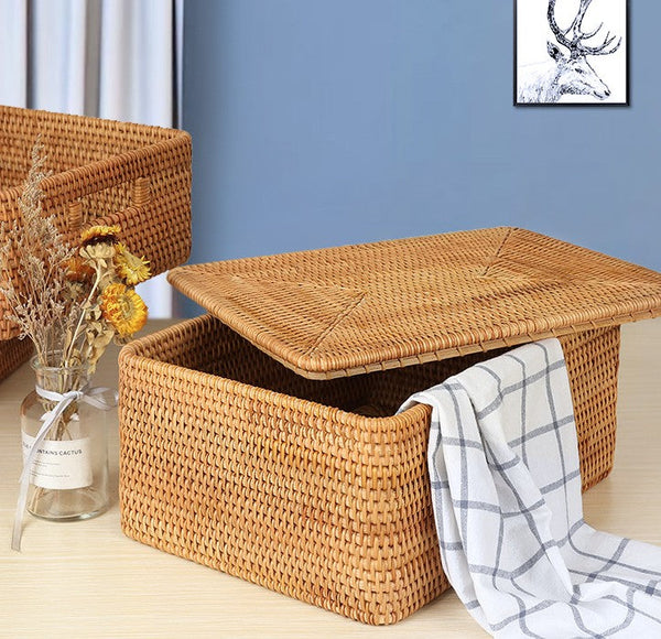 Storage Baskets with Lid, Rectangular Storage Baskets, Storage Baskets for Clothes, Pantry Storage Baskets, Rattan Woven Storage Basket for Bedroom-HomePaintingDecor