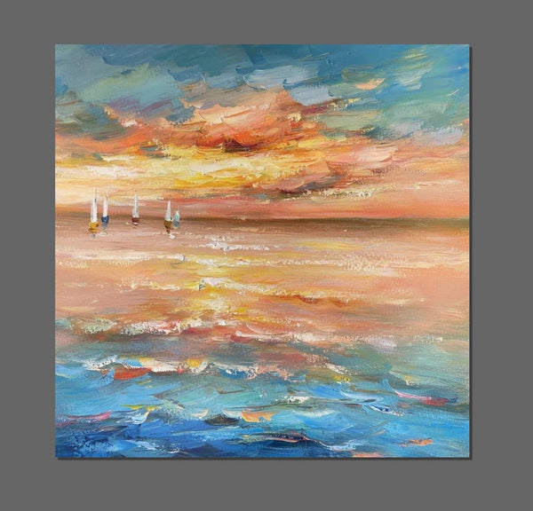 Contemporary Modern Artwork, Abstract Landscape Wall Art for Bedroom, Sail Boat at Sea, Large Modern Canvas Painting, Hand Painted Wall Art Painting-HomePaintingDecor