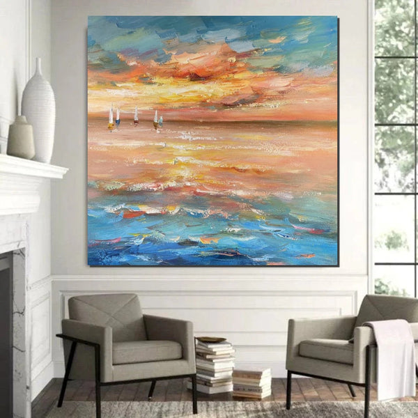 Contemporary Modern Artwork, Abstract Landscape Wall Art for Bedroom, Sail Boat at Sea, Large Modern Canvas Painting, Hand Painted Wall Art Painting-HomePaintingDecor
