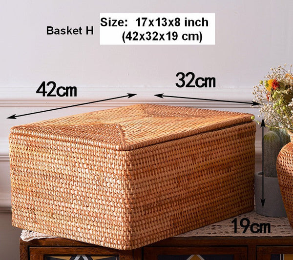 Storage Baskets with Lid, Rectangular Storage Baskets, Storage Baskets for Clothes, Pantry Storage Baskets, Rattan Woven Storage Basket for Bedroom-HomePaintingDecor