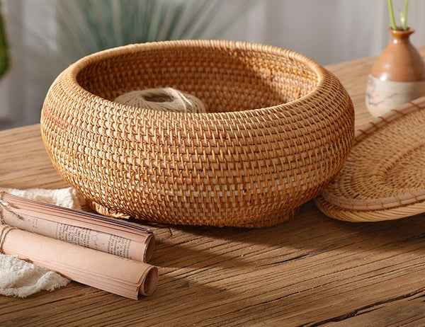 Woven Storage Basket for Kitchen, Round Storage Basket, Rattan Baskets, Small Storage Baskets, Handmade Storage Baskets, Round Storage Basket with Lid-HomePaintingDecor