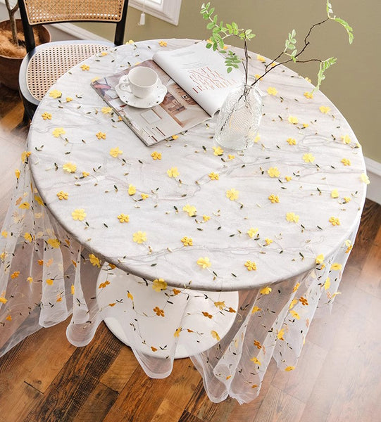 Yellow Flower Lace Tablecloths, Extra Large Rectangular Tablecloth for Oval Table, Lace Embroidered Table Covers, Rectangular Table Covers for Coffee Table-HomePaintingDecor