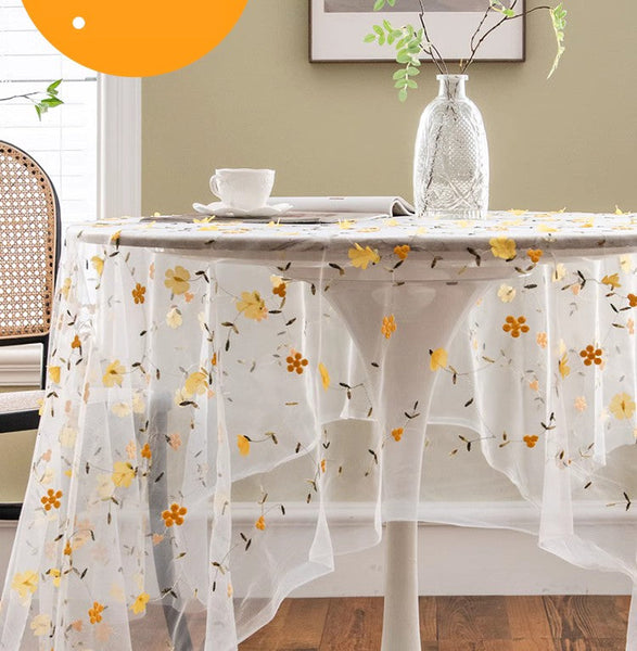 Yellow Flower Lace Tablecloths, Extra Large Rectangular Tablecloth for Oval Table, Lace Embroidered Table Covers, Rectangular Table Covers for Coffee Table-HomePaintingDecor