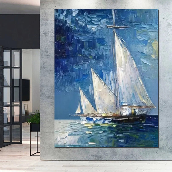 Modern Acrylic Canvas Painting, Simple Painting Ideas for Dining Room, Acrylic Painting on Canvas, Oversized Canvas Painting for Sale, Sail Boat Paintings-HomePaintingDecor