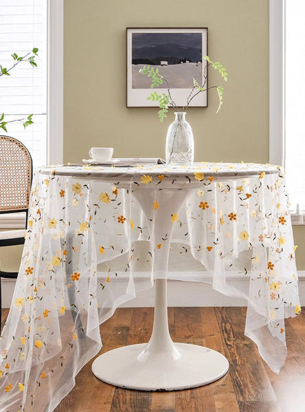 Yellow Flower Lace Tablecloths, Extra Large Rectangular Tablecloth for Oval Table, Lace Embroidered Table Covers, Rectangular Table Covers for Coffee Table-HomePaintingDecor
