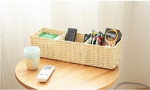 Woven Straw Storage basket with 3 Compartments, Wicker Storage Basket, Rectangle Storage Basket for Living Room-HomePaintingDecor