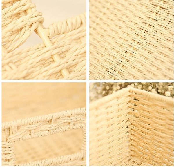 Woven Straw basket, Storage Basket, Rectangle Basket, Picnic Basket-HomePaintingDecor