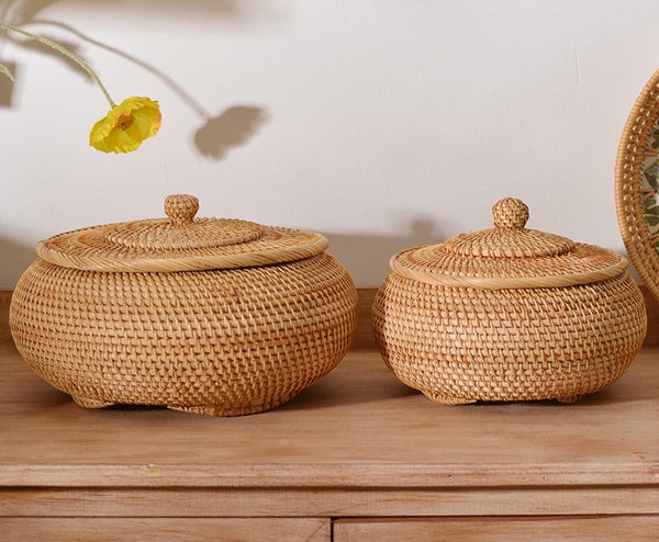 Woven Storage Basket for Kitchen, Round Storage Basket, Rattan Baskets, Small Storage Baskets, Handmade Storage Baskets, Round Storage Basket with Lid-HomePaintingDecor