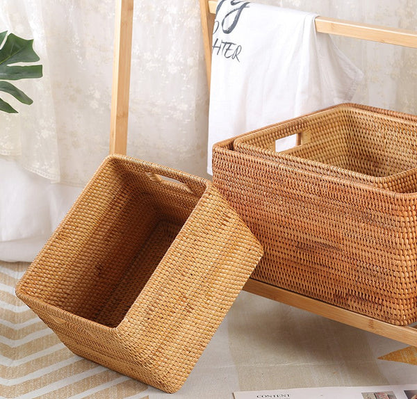 Storage Baskets for Kitchen, Woven Rattan Rectangular Storage Baskets, Wicker Storage Basket for Clothes, Storage Baskets for Bathroom, Storage Baskets for Toys-HomePaintingDecor