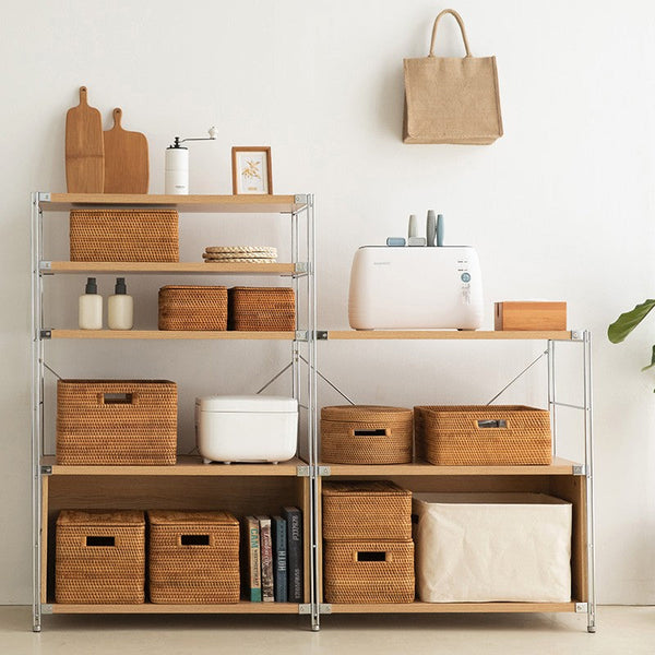 Wicker Rattan Storage Basket for Shelves, Storage Baskets for Bedroom, Rectangular Storage Basket with Lid, Pantry Storage Baskets-HomePaintingDecor