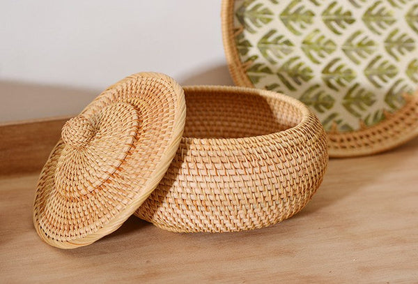 Woven Storage Basket for Kitchen, Round Storage Basket, Rattan Baskets, Small Storage Baskets, Handmade Storage Baskets, Round Storage Basket with Lid-HomePaintingDecor