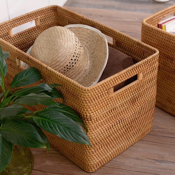 Woven Rattan Storage Baskets for Kitchen, Rectangular Storage Basket, Wicker Storage Basket for Clothes, Storage Baskets for Bathroom, Kitchen Storage Basket-HomePaintingDecor