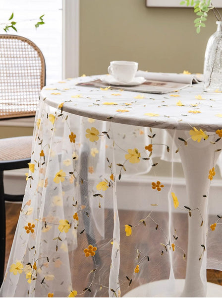 Yellow Flower Lace Tablecloths, Extra Large Rectangular Tablecloth for Oval Table, Lace Embroidered Table Covers, Rectangular Table Covers for Coffee Table-HomePaintingDecor