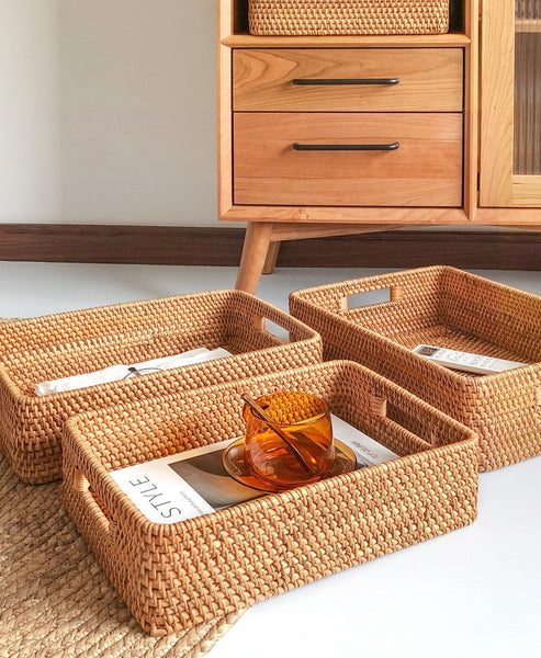 Woven Rectangular Basket with Handle, Rattan Storage Basket for Shelves, Woven Storage Baskets for Bathroom-HomePaintingDecor