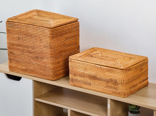 Storage Baskets with Lid, Rectangular Storage Baskets, Storage Baskets for Clothes, Pantry Storage Baskets, Rattan Woven Storage Basket for Bedroom-HomePaintingDecor