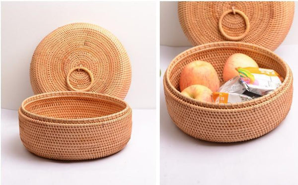 Rattan Basket, Storage Basket with Lid, Woven Basket for Kitchen, Storage Basket for Dining Room, Round Storage Basket-HomePaintingDecor