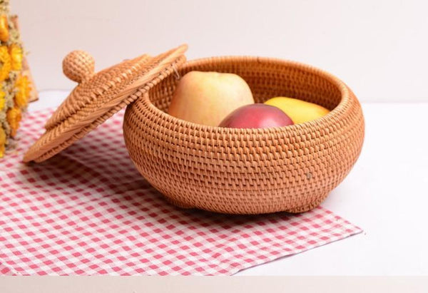 Round Storage Basket, Woven Storage Basket with Lid, Rattan Basket for Kitchen, Wicker Storage Basket-HomePaintingDecor