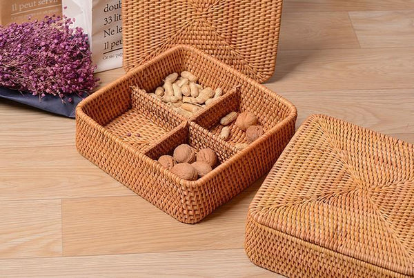 Storage Basket with Lid, Rattan Square Basket, Storage Basket with Lid, Kitchen Storage Baskets-HomePaintingDecor