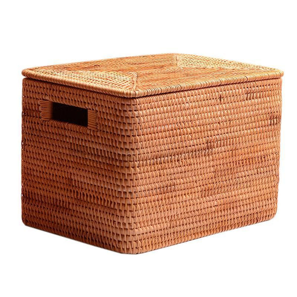 Rectangular Storage Basket with Lid, Woven Rattan Storage Basket for Shelves, Storage Baskets for Bedroom, Pantry Storage Baskets-HomePaintingDecor
