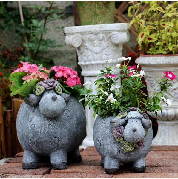 Lovely Sheep Statue for Garden, Sheep Flower Pot, Animal Statue for Garden Courtyard Ornament, Villa Outdoor Decor Gardening Ideas-HomePaintingDecor