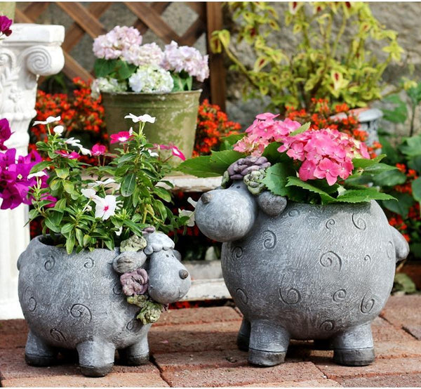 Lovely Sheep Statue for Garden, Sheep Flower Pot, Animal Statue for Garden Courtyard Ornament, Villa Outdoor Decor Gardening Ideas-HomePaintingDecor