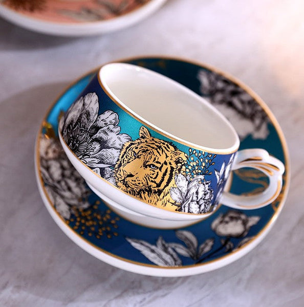 Unique Ceramic Cups with Gold Trim and Gift Box, Creative Ceramic Tea Cups and Saucers, Jungle Tiger Cheetah Porcelain Coffee Cups-HomePaintingDecor