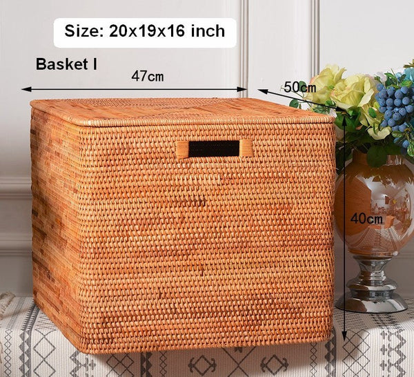 Oversized Rectangular Storage Basket with Lid, Woven Rattan Storage Basket for Shelves, Storage Baskets for Bedroom, Extra Large Storage Baskets for Clothes-HomePaintingDecor