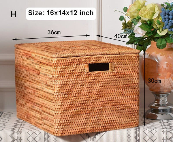 Extra Large Rattan Storage Baskets for Clothes, Rectangular Storage Basket with Lid, Kitchen Storage Baskets, Oversized Storage Baskets for Bedroom-HomePaintingDecor