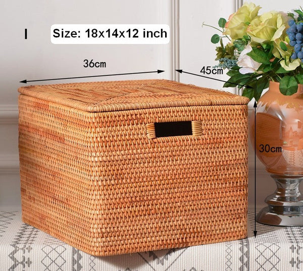 Rectangular Storage Basket with Lid, Rattan Storage Baskets for Clothes, Kitchen Storage Baskets, Oversized Storage Baskets for Living Room-HomePaintingDecor