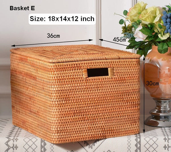 Rattan Storage Basket for Shelves, Rectangular Storage Basket with Lid, Extra Large Storage Baskets for Bedroom, Storage Baskets for Clothes-HomePaintingDecor