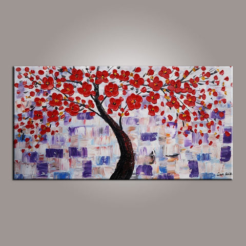 Canvas Art, Red Flower Tree Painting, Abstract Painting, Painting on Sale, Dining Room Wall Art, Art on Sale, Modern Art, Contemporary Art-HomePaintingDecor
